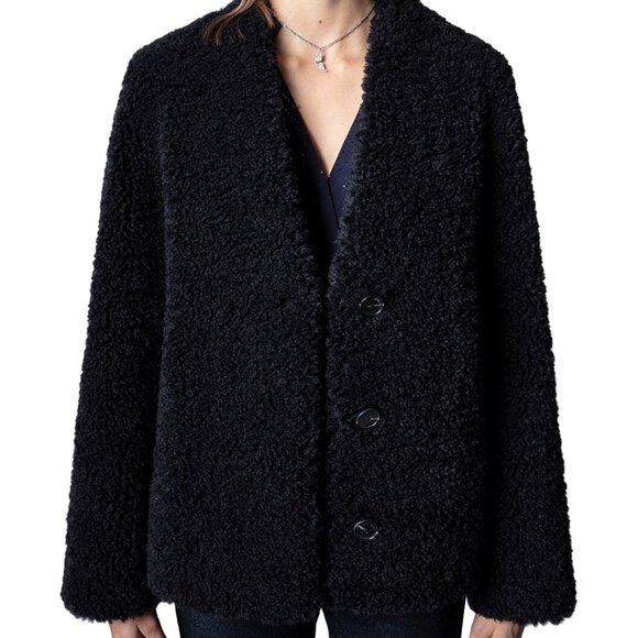 Zadig & Voltaire Woman's Black Mila Soft Curly Jacket Coat M - Picture 5 of 6